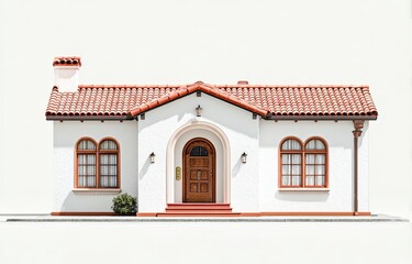 Obraz premium Front facade of a small, single-story stucco house with terracotta roof