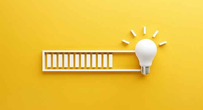 A lightbulb with a progress bar symbolizes innovation and creative energy on yellow background