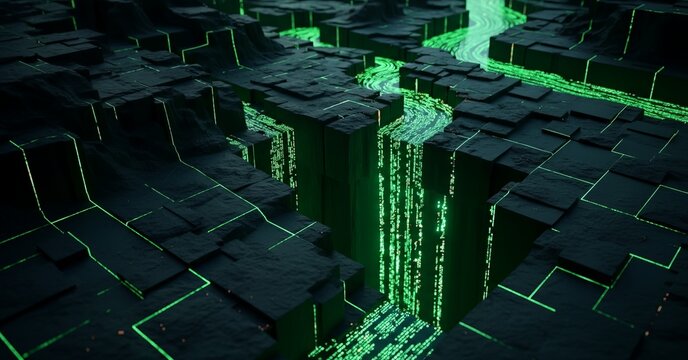 Abstract tech landscape showing a river of glowing green data flowing through stone blocks artwork.