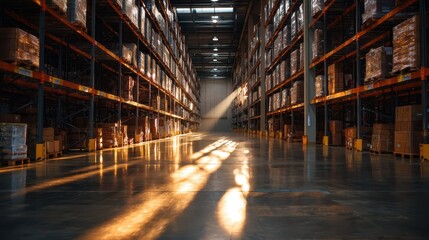 Fototapeta premium Narrow Warehouse Aisle Bathed in Dramatic Light and Shadow