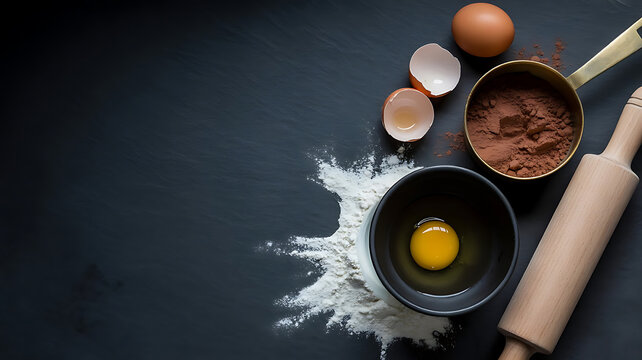 Baking Ingredients Arrangement on Dark Surface Preparation for Delicious Treats Like Cakes and Pastries Yummy
