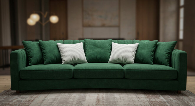 Elegant emerald green sofa with plush pillows invites relaxation and adds a touch of luxury to any living space
