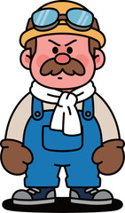 A grumpy and serious male construction worker or handyman with a mustache, wearing a helmet, goggles, and overalls, representing a determined and hard-working professional.