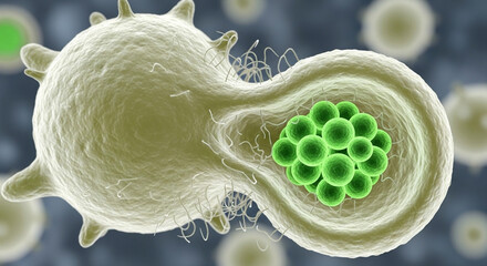 Neutrophil white blood cell gradually engulfing green bacteria in a dynamic immune response