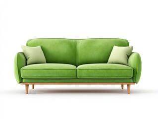 Lime green sofa,  modern style,  with light beige cushions,  isolated on white background
