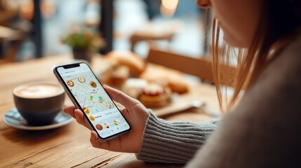 Young woman using food delivery app on a large smartphone screen while sitting in cafe.