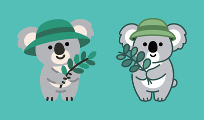 A pair of cute cartoon koalas wearing green sun hats and holding eucalyptus leaves, representing Australian wildlife, nature, and cute animal themes.