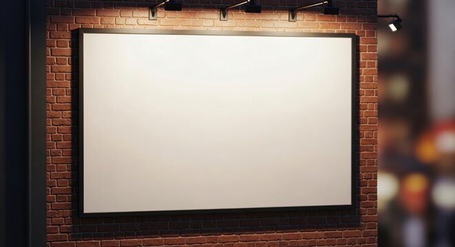 Blank illuminated advertising billboard on a red brick wall with spotlights for a nighttime mockup.