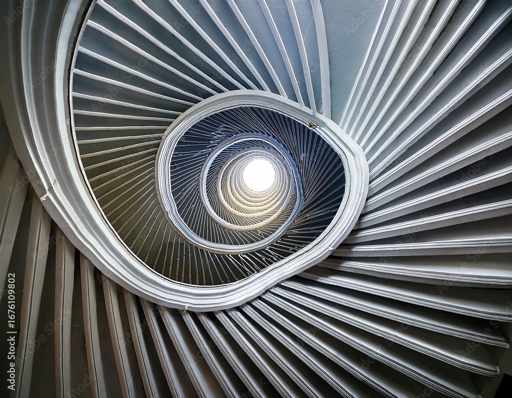 Poster a mesmerizing spiral staircase with clean white lines twisting downward creating an abstract geometr