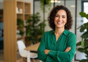 Confident and successful business woman in office environment with plants and modern decor, wearing green shirt and smiling at the camera