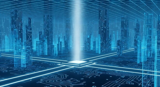 A futuristic cityscape of digital networks and artificial intelligence technology