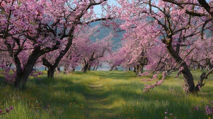 Fototapeta premium Cherry Blossom Orchard in Springtime With Lush Green Pathway