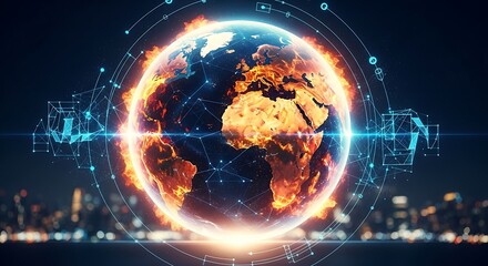 Fiery digital globe with network connections and city background