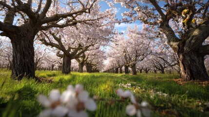 Fototapeta premium Elegant Spring Orchard with Beautiful Blossoms Under Clear Sky