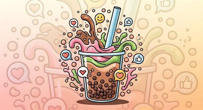 Vibrant and delicious bubble tea cartoon art with popping boba and fun social media icons