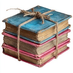 Stack of antique books bound with twine.  Old, weathered covers in shades of blue and pink.  Visible aged paper.  Isolated on white