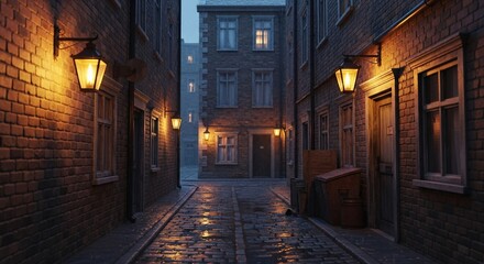 Fototapeta premium Rainy Cobblestone Alleyway at Night with Glowing Gas Lamps and Brick Buildings