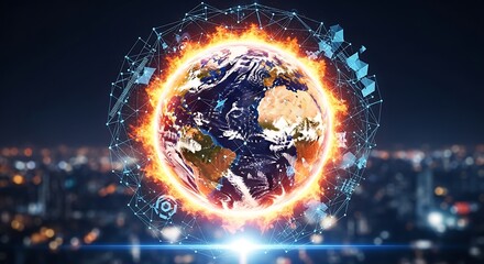 Earth engulfed in a fiery digital network, symbolizing global connectivity and crisis