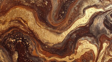 Abstract marbled design in deep brown, gold, and gray tones.  Intricate swirling patterns with scattered gold specks.  A rich, textured surface