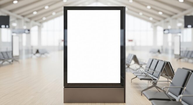 Blank Vertical Advertisement in Modern Airport Terminal.
