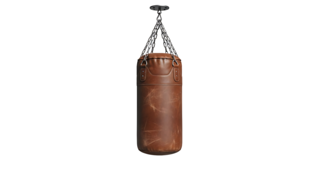 Vintage brown leather boxing punch bag isolated on Transparent background
