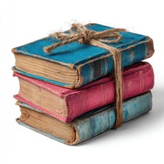 Stack of aged books tied with twine