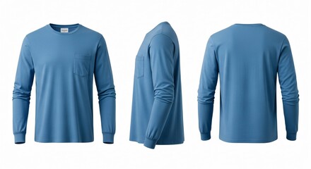 Blue Long-Sleeve T-Shirt with Pocket Front Side and Back Views on White Background.