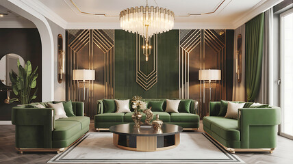 Luxurious green velvet sofas in art deco living room with gold accents and chandelier interior decor