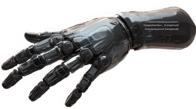 A close up view of a robotic hand with a transparent background and intricate mechanical detailing visible