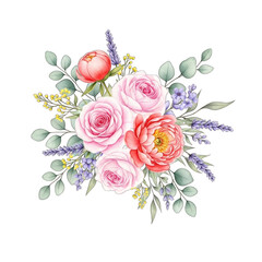 Beautiful watercolor flower arrangement featuring roses lavender and eucalyptus leaves isolated transparent background