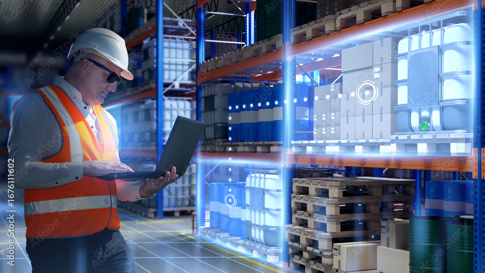 Poster man inside innovative warehouse. fulfillment technologies. implementation of warehouse innovations. 