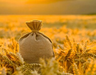 A burlap sack rests amidst a golden wheat field at sunset