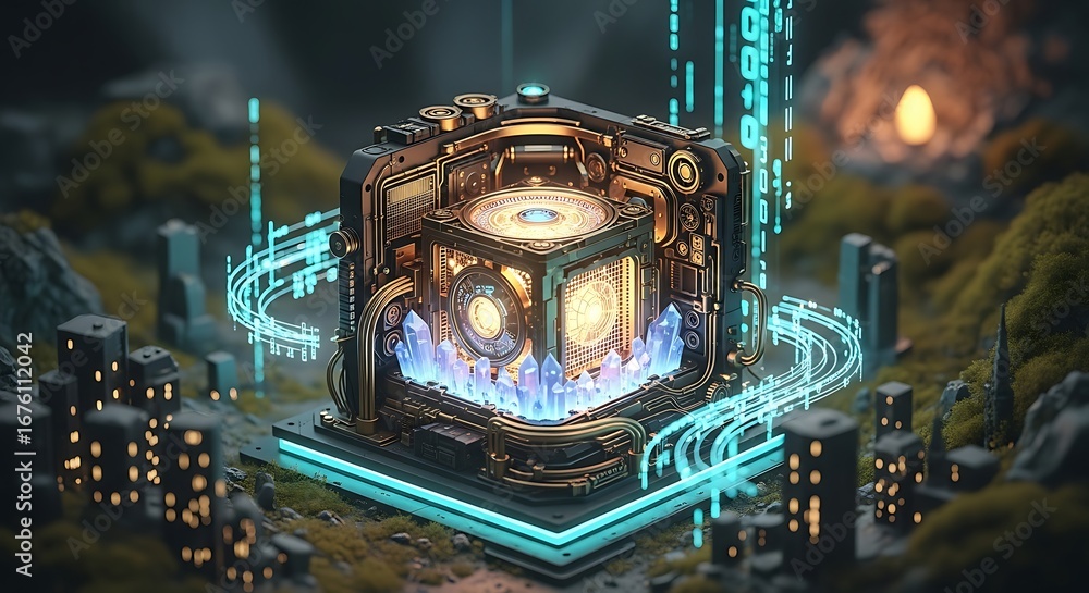 Aufkleber futuristic quantum computing cube with glowing lights and digital streams