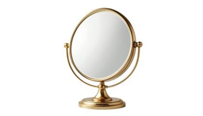 Polished Gold Oval Vanity Mirror on Pedestal Stand with Beveled Edge isolated on transparent background 