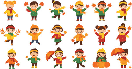 Autumn Cartoon Kids Wearing Warm Clothes, Holding Leaves, Scarf, Umbrella, and Enjoying Fall Season with Pumpkin and Fun Outfits