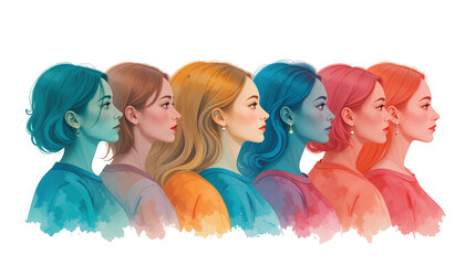 Horizontal Row of Seven Women’s Profile Portraits of Diverse Ethnicities and Ages isolated on transparent background