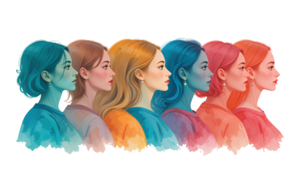 Horizontal Row of Seven Women’s Profile Portraits of Diverse Ethnicities and Ages isolated on transparent background