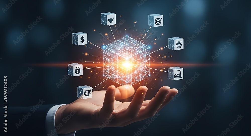 Poster hand holding a glowing digital cube with connected icons representing finance and security, tote bag