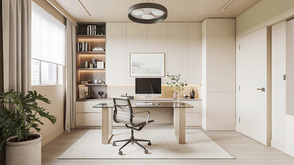 Minimalist home office with glass desk and built-in shelving interior computer
