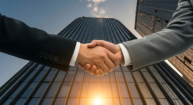 Seal the Deal: Two business partners shaking hands in front of a stunning modern skyscraper, symbolizing success, collaboration, and a promising future together