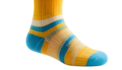 Children’s Yellow Crew Socks with Blue and White Stripes and Ribbed Knit Texture isolated on transparent background