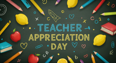 Show your gratitude with a vibrant Teacher Appreciation Day design on a chalkboard background