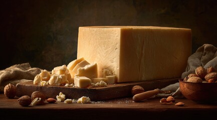 Large block of cheese with wedges, nuts, and cloth