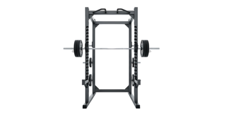 Power rack with barbell and weights in a gym