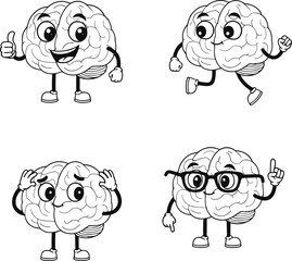 Black and white cartoon brain characters in different poses: thumbs up, running, thinking, and wearing glasses in a playful style.