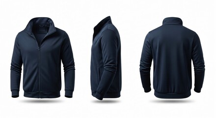 Three Views of a Dark Navy Zippered Track Jacket with Stand-Up Collar.