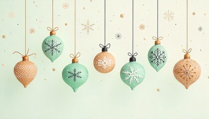 Christmas ornaments with snowflake patterns hang from gold strings on a mint background, softly lit in a simple, elegant arrangement.