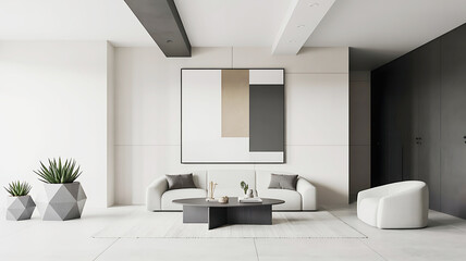 Minimalist living room with white sofa geometric art and grey furniture interior