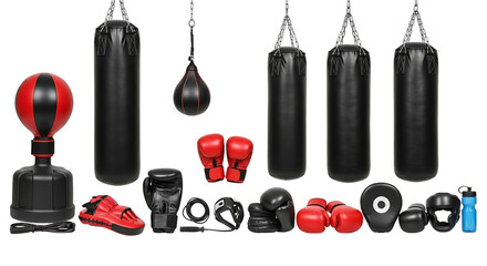 Boxing equipment including punching bags, gloves, and speed bag isolated on Transparent background