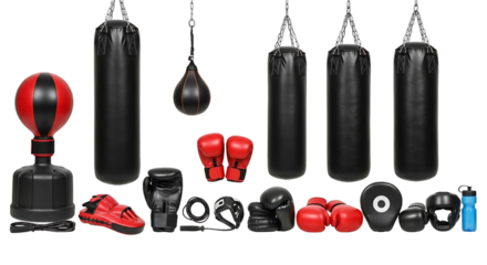 Boxing equipment including punching bags, gloves, and speed bag isolated on Transparent background